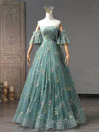 A-Line Green Tulle Lace Long Formal Prom Dresses, Green Formal Evening Dresses
