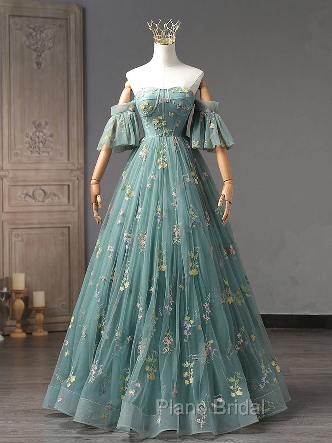 A-Line Green Tulle Lace Long Formal Prom Dresses, Green Formal Evening Dresses
