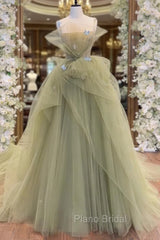 A-Line Green Tulle Long Formal Prom Dresses, Green Long Graduation Dresses