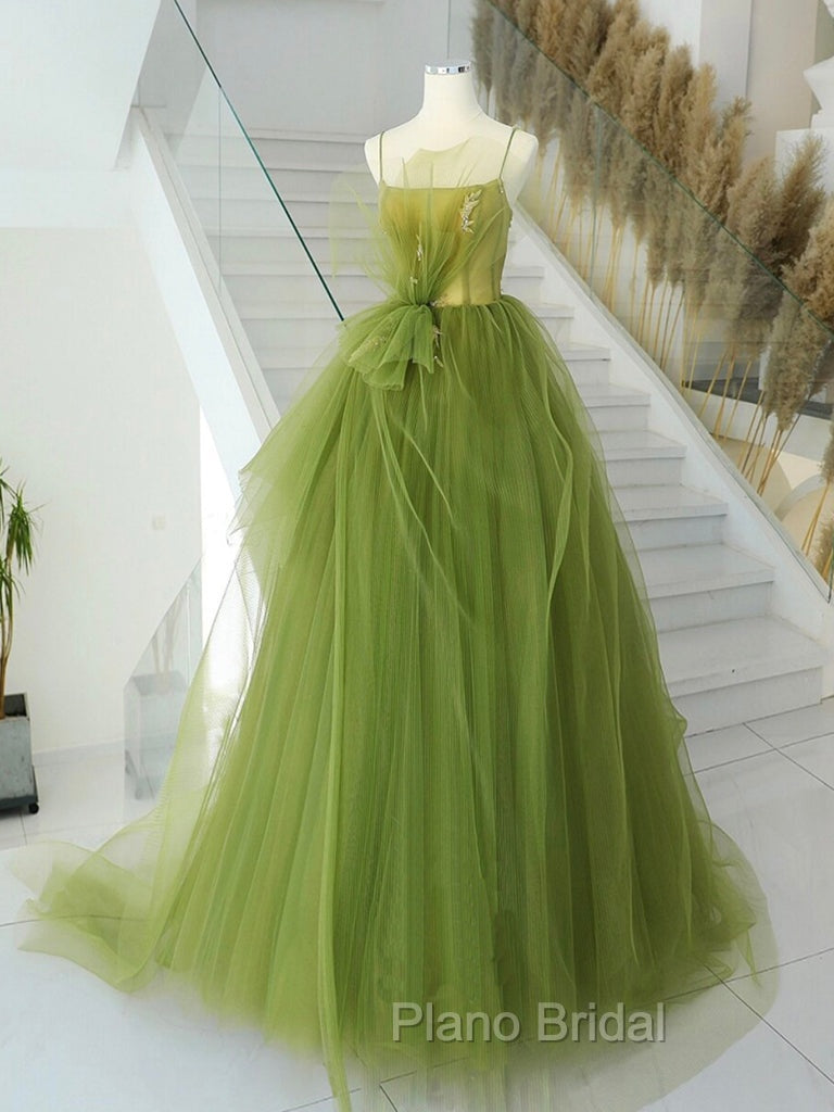 A-Line Green Tulle Long Formal Prom Dresses, Green Tulle Long Evening Dresses Secondary image
