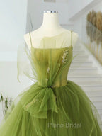 A-Line Green Tulle Long Formal Prom Dresses, Green Tulle Long Evening Dresses