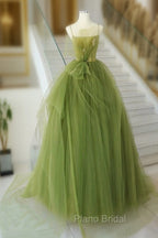 A-Line Green Tulle Long Formal Prom Dresses, Green Tulle Long Evening Dresses