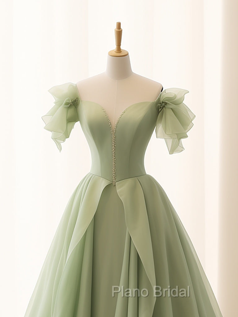 A-Line Green Tulle Long Formal Prom Dresses, Green Tulle Long Formal Dresses Secondary image