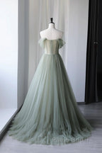 A-Line Green Tulle Long Formal Prom Dresses, Green Formal Evening Dresses