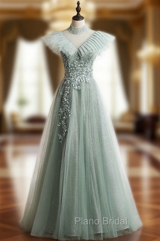 A-Line Green Tulle Sequins High Neck Backless Appliques Formal Prom Dresses