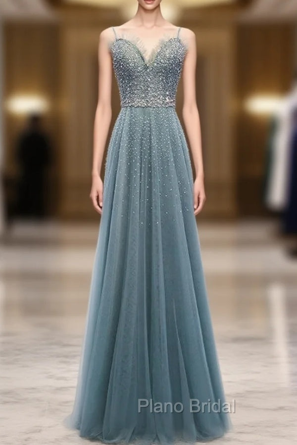 A-Line Green Tulle Spaghetti Straps Beading Formal Prom Dresses