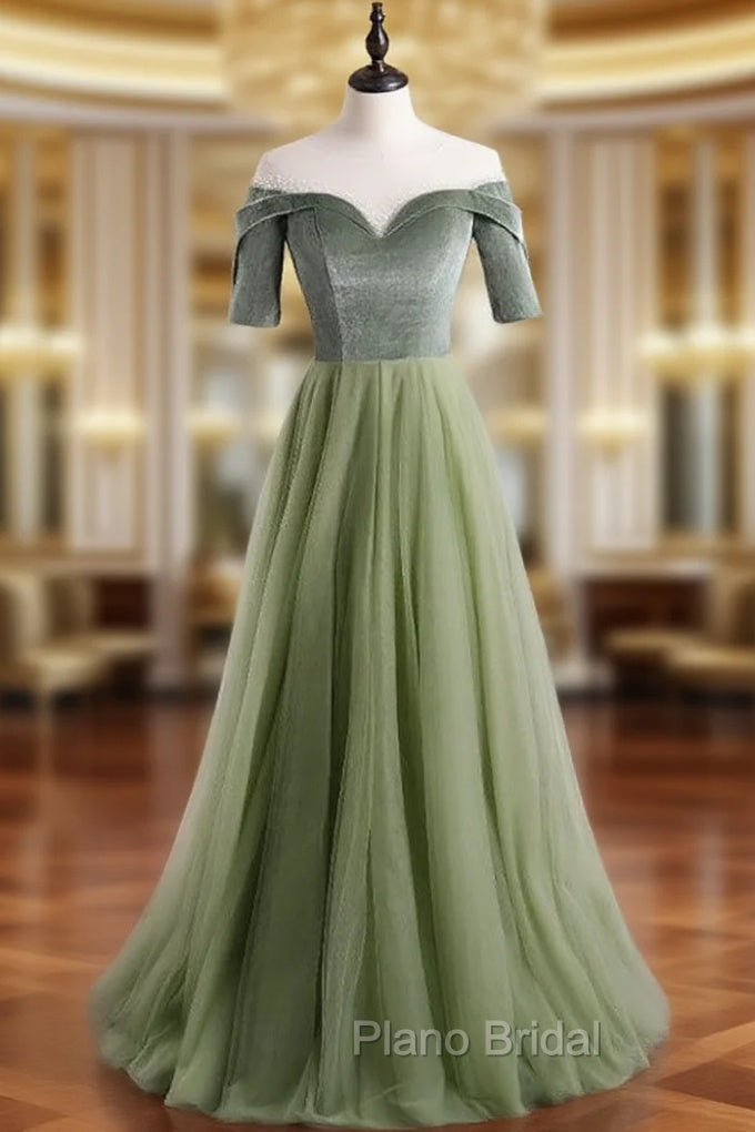 A-Line Green Tulle Velvet Short Sleeve Formal Prom Dresses