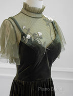 A-Line Green Velvet Long Wedding Party Dresses, High Neckline Formal Prom Dresses Formal Dresses