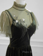 A-Line Green Velvet Long Wedding Party Dresses, High Neckline Formal Prom Dresses Formal Dresses