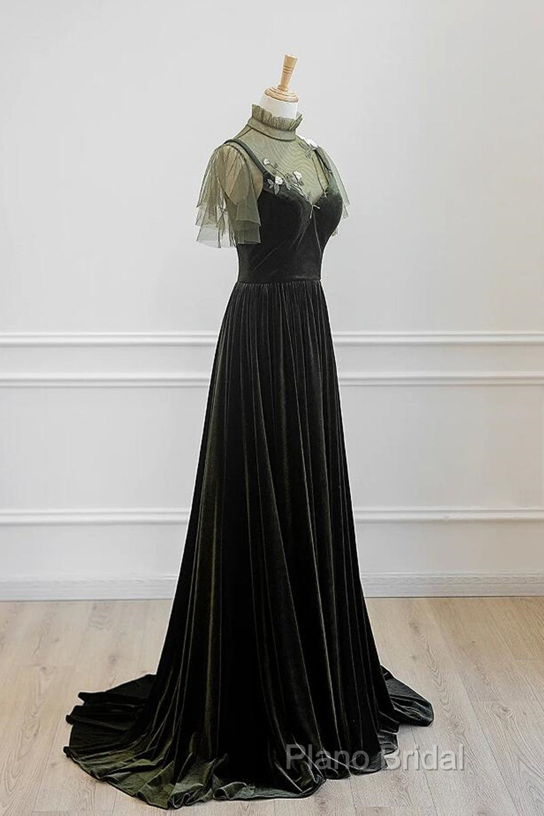 A-Line Green Velvet Long Wedding Party Dresses, High Neckline Formal Prom Dresses Formal Dresses