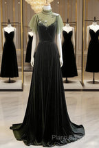 A-Line Green Velvet Long Wedding Party Dresses, High Neckline Formal Prom Dresses Formal Dresses