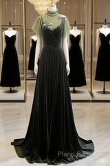 A-Line Green Velvet Long Wedding Party Dresses, High Neckline Formal Prom Dresses Formal Dresses
