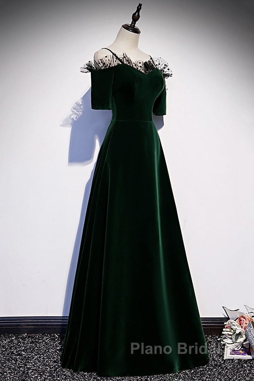 A-Line Green Velvet Spaghetti Straps Formal Prom Dresses, Green Wedding Party Dresses Secondary image