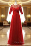 A line Half Sleeves Beaded Tulle Floor Length Red Mother Of The Bride Dresses