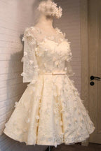 A-Line Half Sleeves Tulle Homecoming Dresses With Appliques