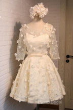 A-Line Half Sleeves Tulle Homecoming Dresses With Appliques