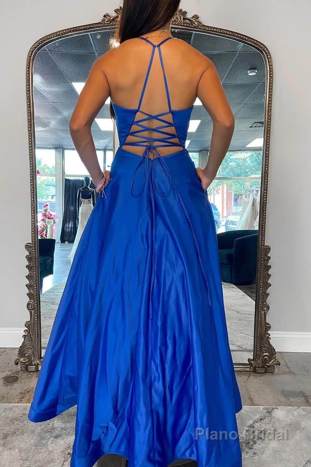 A Line Halter Blue Long Prom Dress with Criss Cross Back Secondary image
