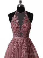 A Line Halter Neck Lace Formal Prom Dresses With Sweep Train, Backless Formal Dresses, Formal Dresses