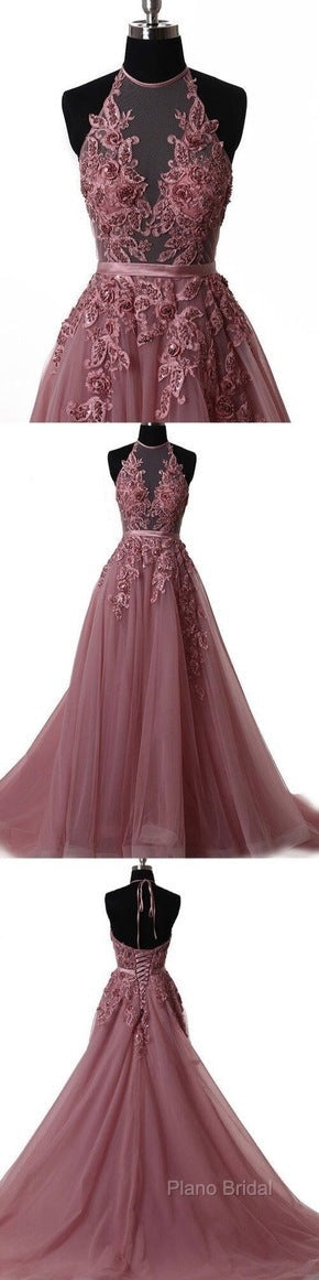 A Line Halter Neck Lace Formal Prom Dresses With Sweep Train, Backless Formal Dresses, Formal Dresses