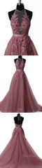 A Line Halter Neck Lace Formal Prom Dresses With Sweep Train, Backless Formal Dresses, Formal Dresses
