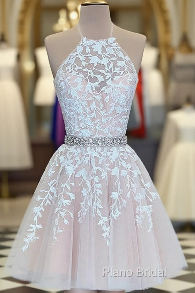 A Line Halter Neck Short Champagne Lace Formal Prom Dresses, Short Champagne Lace Formal Homecoming Dresses Main image