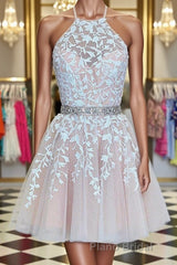 A Line Halter Neck Short Pink Lace Formal Prom Dress with Belt, Pink Lace Formal Graduation Homecoming Dress