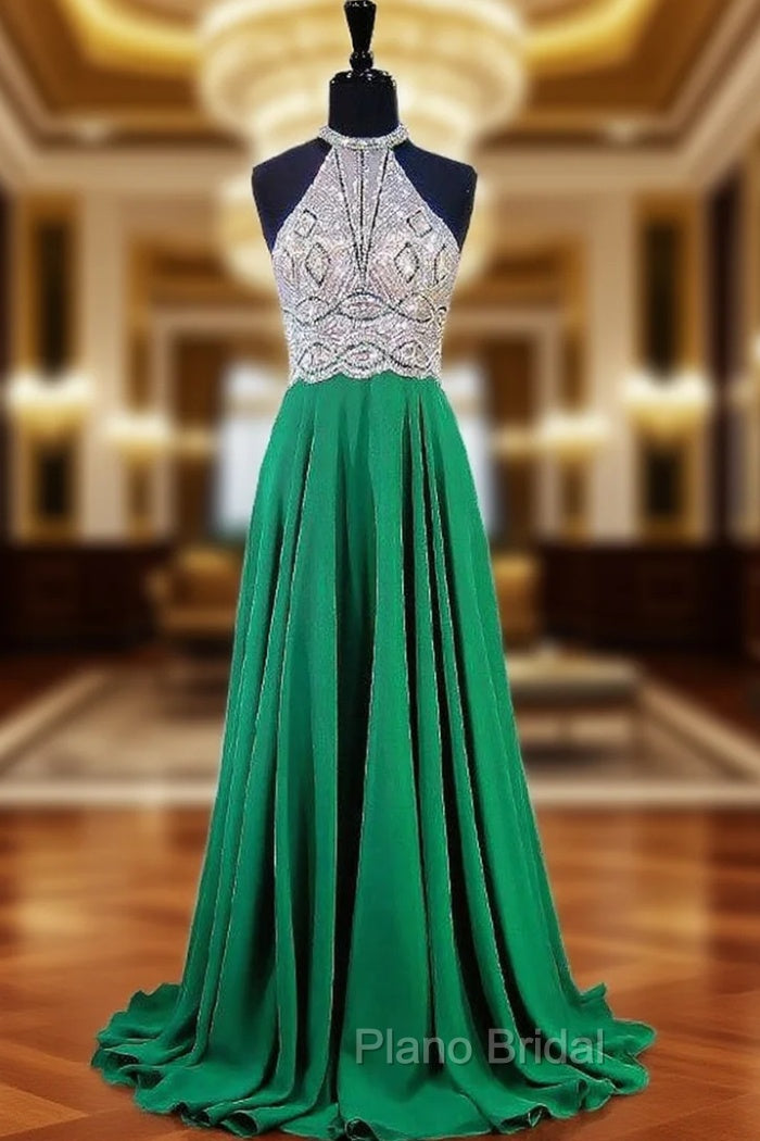 A-line Halter Sleeveless Beaded Floor Length Chiffon Formal Prom Dresses Main image