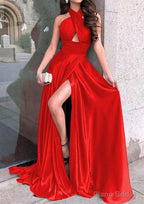 A-line Halter Sleeveless Long/Floor-Length Charmeuse Prom Dresses With Split