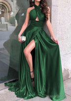 A-line Halter Sleeveless Long/Floor-Length Charmeuse Prom Dresses With Split