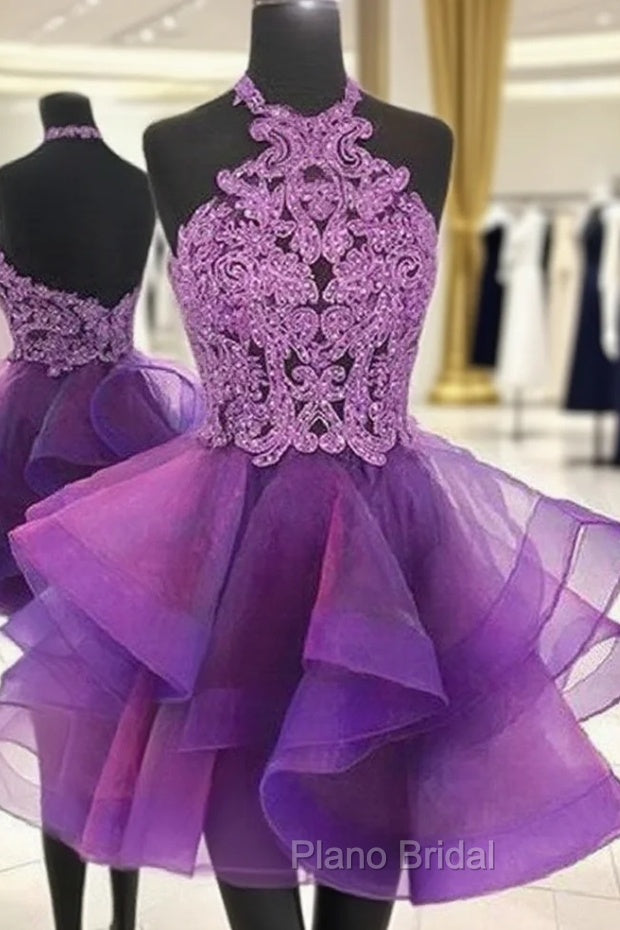 A-line Halter Sleeveless Organza Short/Mini Homecoming Dresses With Appliqued Beading Lace Main image