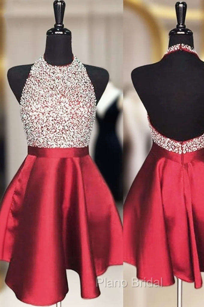 A-line Halter Sleeveless Satin Short/Mini Homecoming Dresses With Beading Sequins
