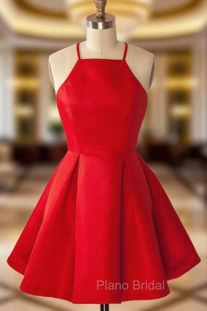 A-Line Halter Sleeveless Short Red Satin Homecoming Dresses Main image