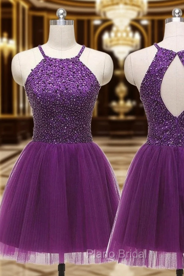 A-line Halter Sleeveless Tulle Short/Mini Homecoming Dresses With Beading Pleated Sequins Main image