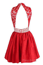 A-Line High Neck Knee Length Satin Homecoming Dresses With Lace