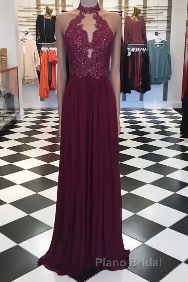 A Line High Neck Lace Long Formal Prom Dresses, Lace Evening Dresses Main image