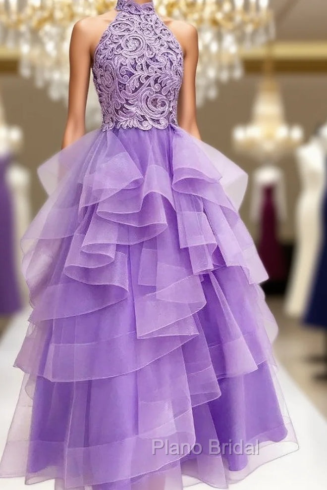 A-Line High Neck Light Purple Tulle Appliques Long Formal Prom Dresses with Beading