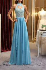 A Line High Neck Open Back Lace Chiffon Ruffles Blue Long Formal Prom Dresses, Blue Lace Formal Dresses, Blue Lace Graduation Dresses