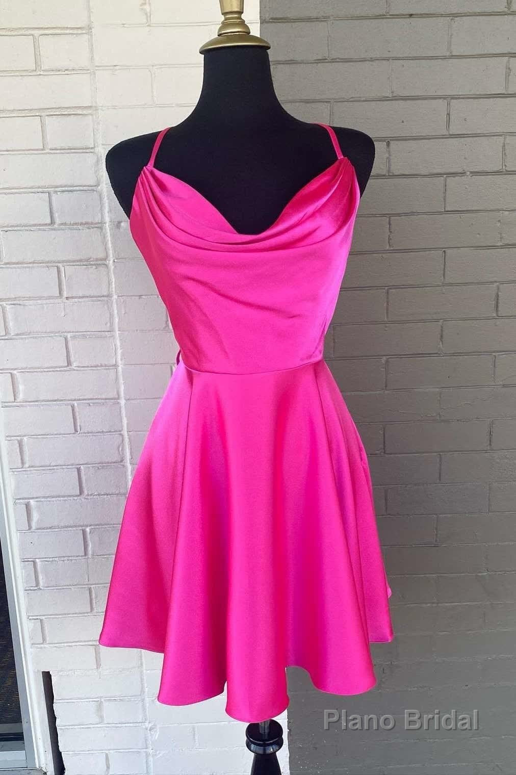 A Line Hot Pink Cowl Neck Lace-Up Short Homecoming Dress Secondary image