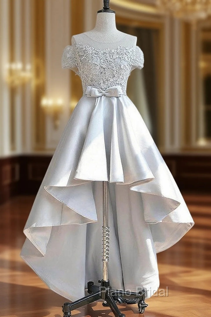 A-line Illusion Neck Short Sleeve Satin Asymmetrical Homecoming Dresses With Appliqued Waistband Main image