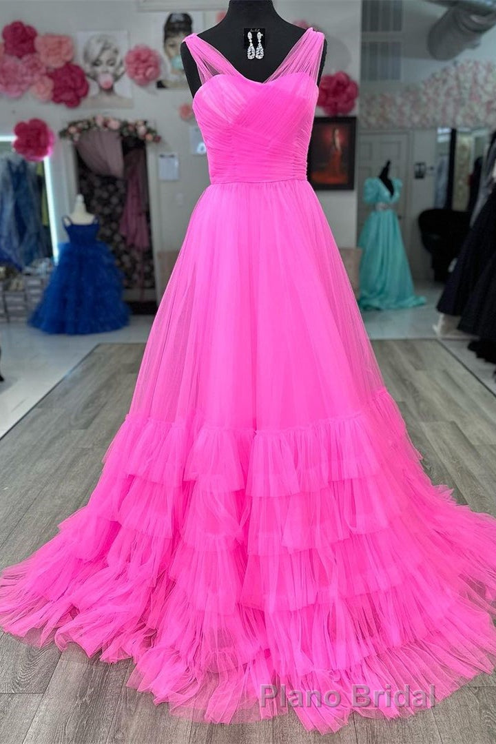 A line Illusion V Neck Layers Tulle Formal Prom Dresses