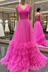A line Illusion V Neck Layers Tulle Formal Prom Dresses