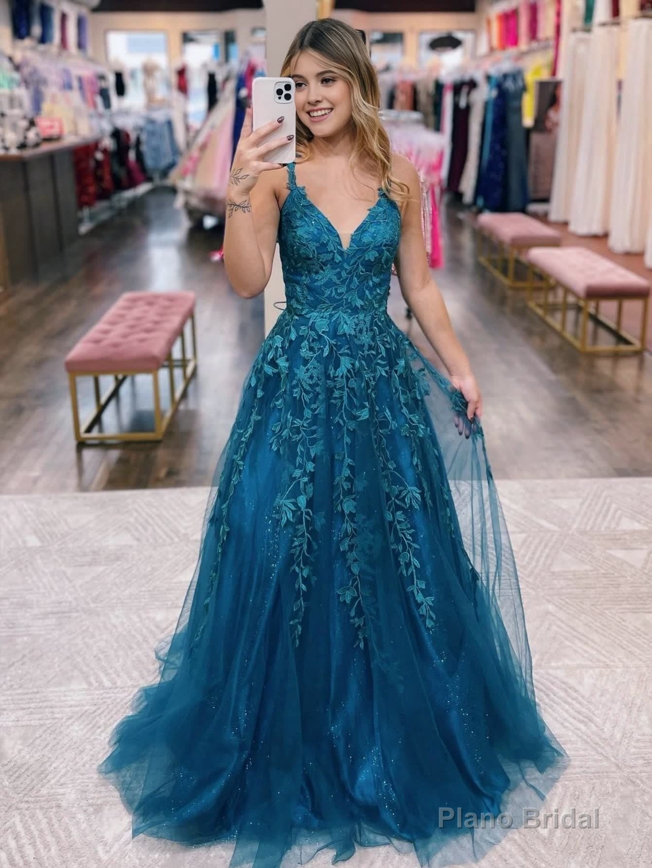 A Line Ink Blue Glitter Tulle Lace Prom Dress Secondary image