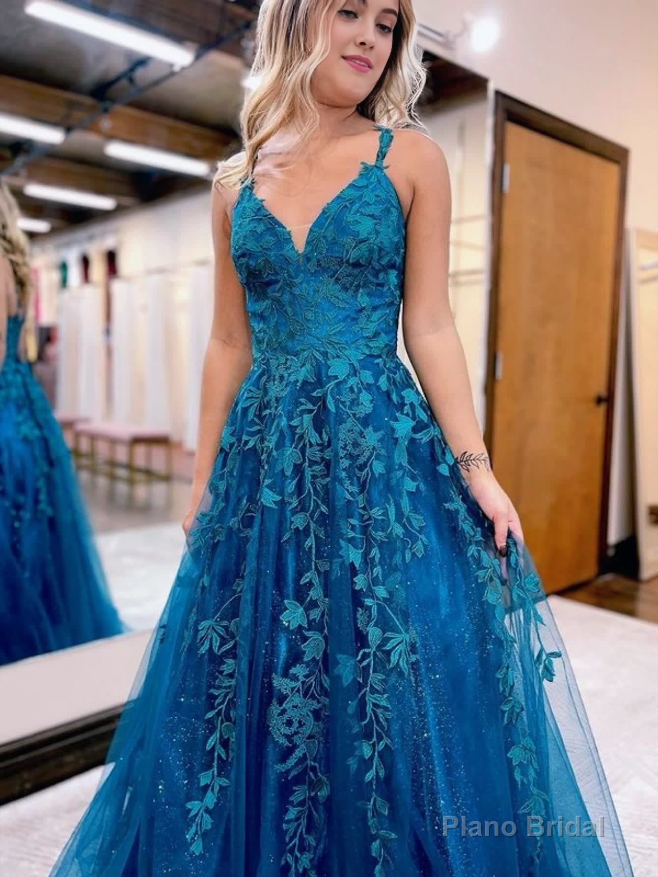 A Line Ink Blue Glitter Tulle Lace Prom Dress