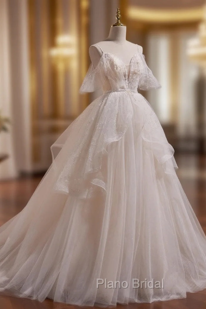 A-line Ivory Beaded Tulle Long Wedding Party Dresses, Ivory Tulle Floor Length Formal Prom Dresses Main image