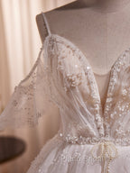 A-line Ivory Beaded Tulle Long Wedding Party Dresses, Ivory Tulle Floor Length Formal Prom Dresses