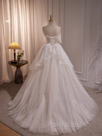 A-line Ivory Beaded Tulle Long Wedding Party Dresses, Ivory Tulle Floor Length Formal Prom Dresses