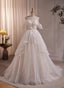 A-line Ivory Beaded Tulle Long Wedding Party Dresses, Ivory Tulle Floor Length Formal Prom Dresses