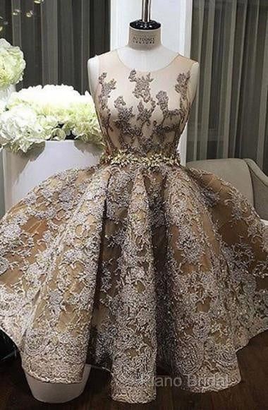 A-Line Jewel Sleeveless Short Formal Prom Dresses With Lace Appliques Secondary image