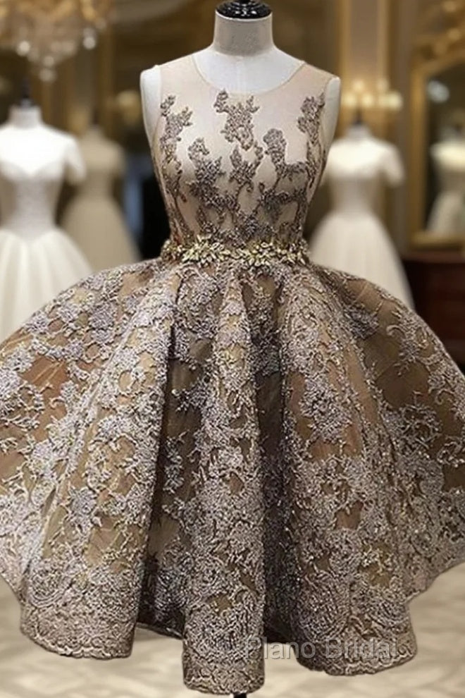 A-Line Jewel Sleeveless Short Formal Prom Dresses With Lace Appliques Main image