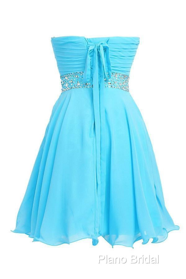 A-Line Knee Length Chiffon Blue Homecoming Dresses With Crystals